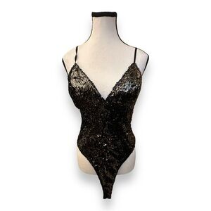 Women’s L Kaylee Kollection Y2K Brown Black Sequin Bodysuit Deep V Neck Large